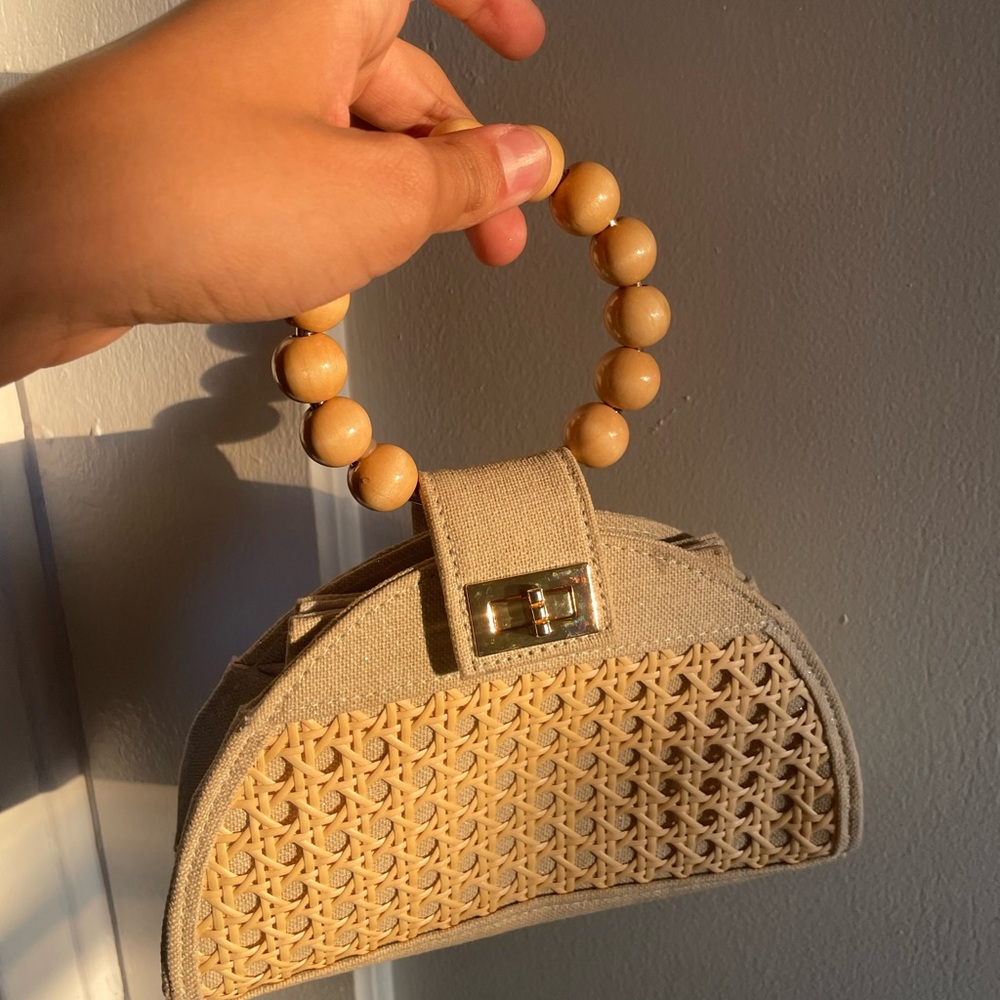 Beige Woven Handbag with Wooden Handle